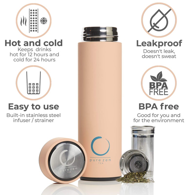 Pure Zen Tea Thermos with Infuser for Hot and Cold Infusions - Stainless Steel - Tea Infuser Bottle - Leakproof Travel Mug with Filter - 15oz - Pink - Image 3